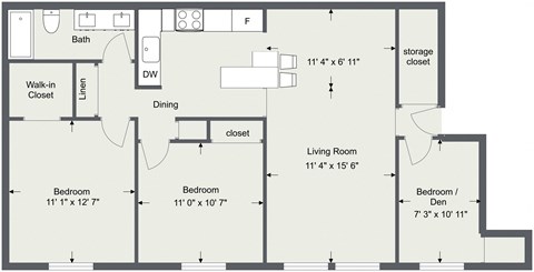 Floor plan for 3 beds, 1 bath, 1250 sqft